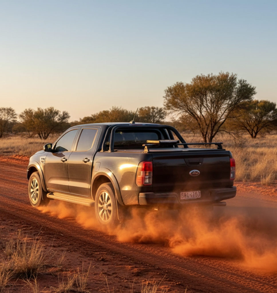 A photo of a road vehicle on a dirt road with a starlink mounted on the rack in the tray.