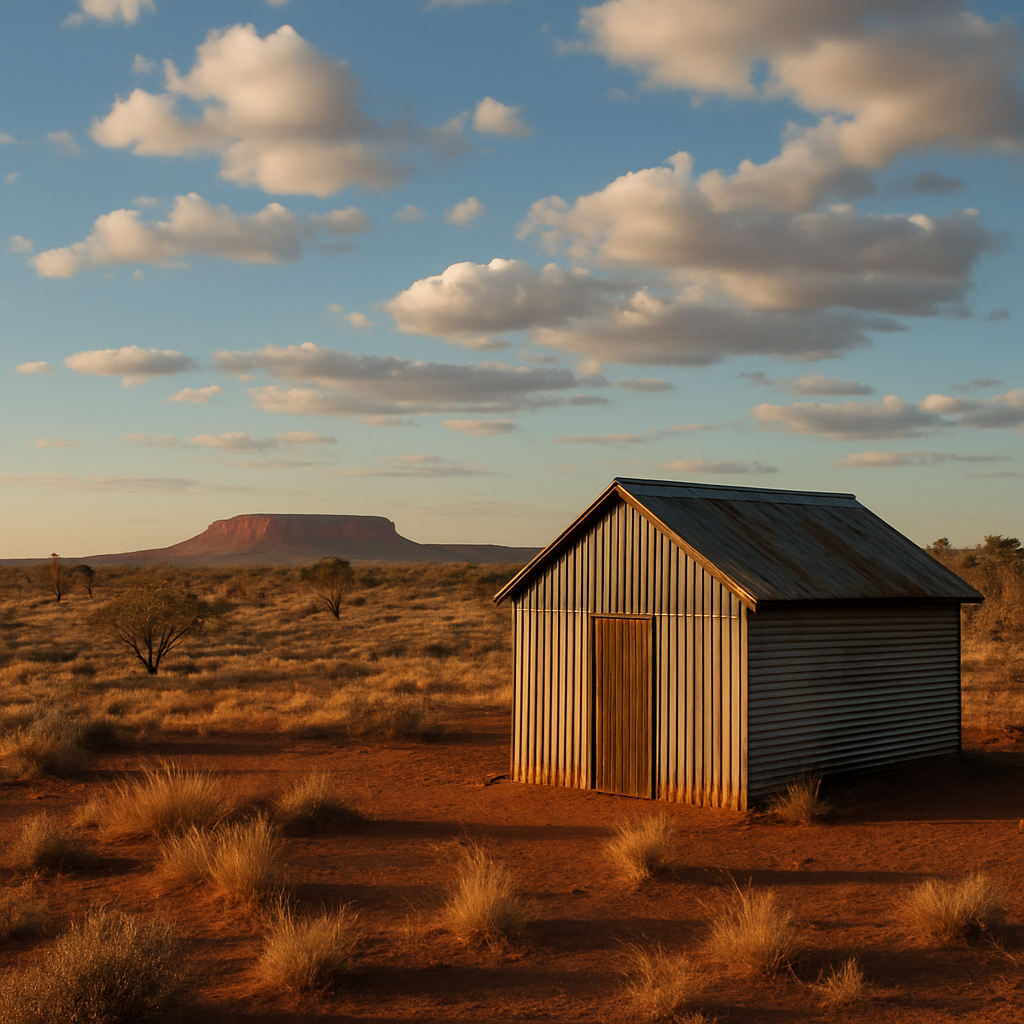 A photo of outback australia with a shed in the foreground-1