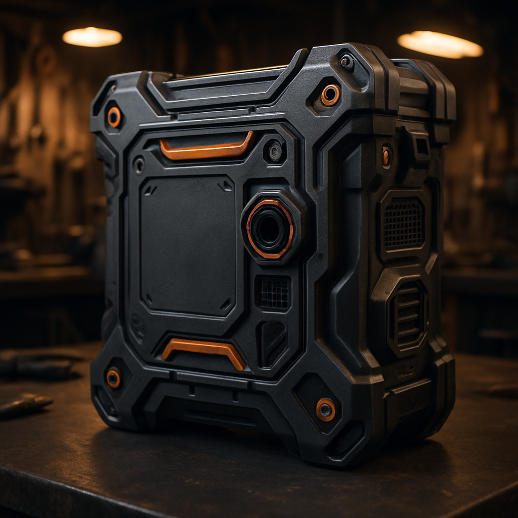 Envision a closeup of a rugged hightech piece of engineering hardware showcasing its intricate details and robust features Set against a workshop back