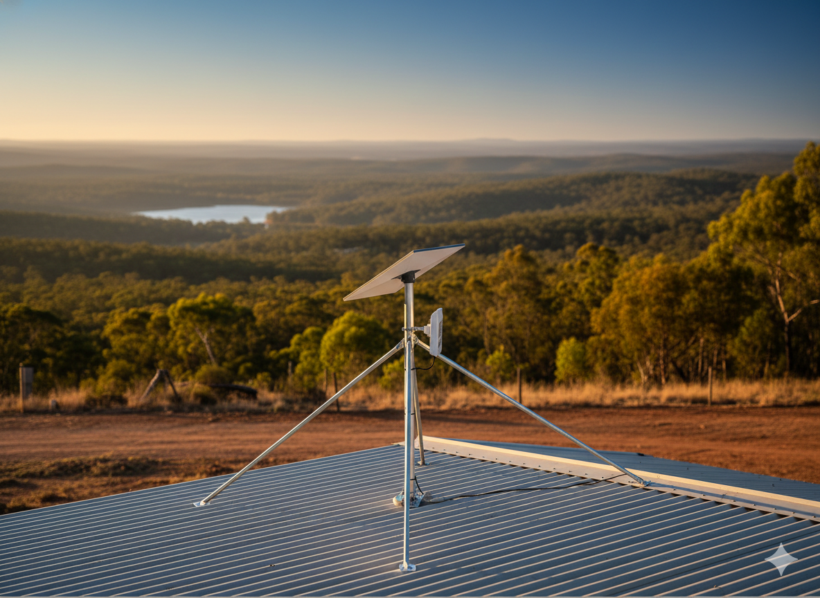 A spacetek group Starlink Mount installed on a corrugated roof in a regional setting in Australia